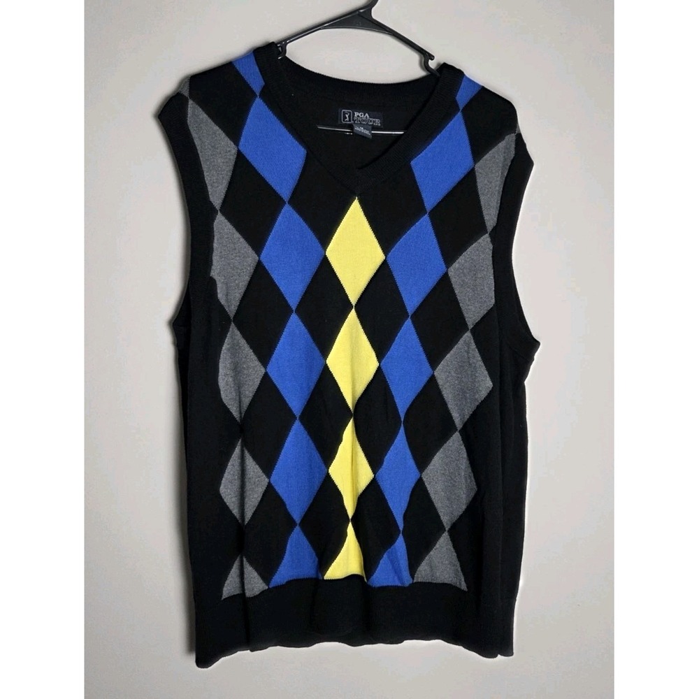 PGA Tour Sweater Vest Size Medium Black Blue Yellow‎ Diamond Print